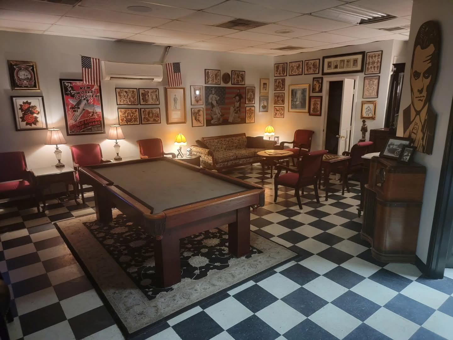 Vintage barber tools and décor at Pomade and Tonic